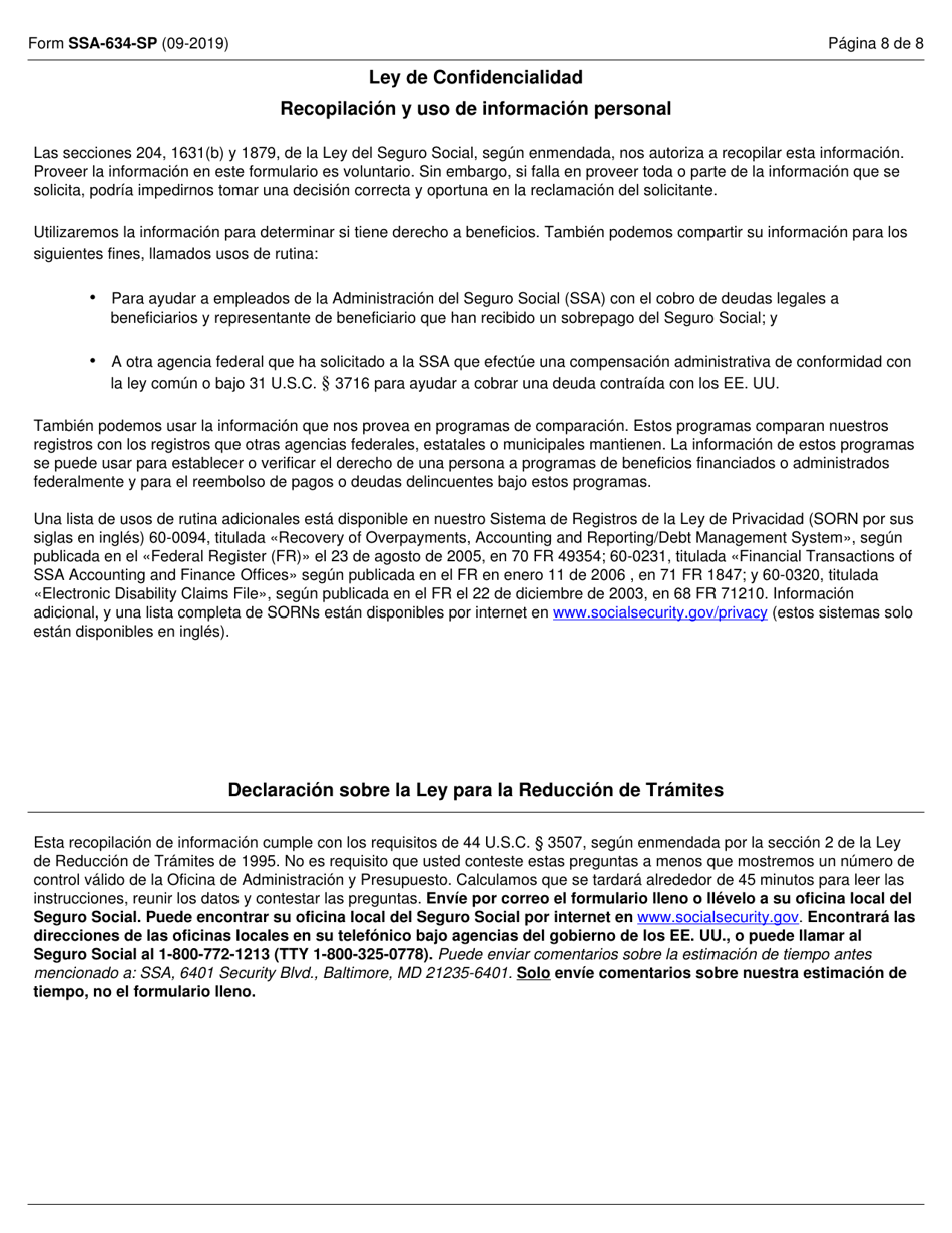 Formulario SSA-634-SP Solicitud De Cambio En La Tasa De Recuperacion De Sobrepago (Spanish), Page 8