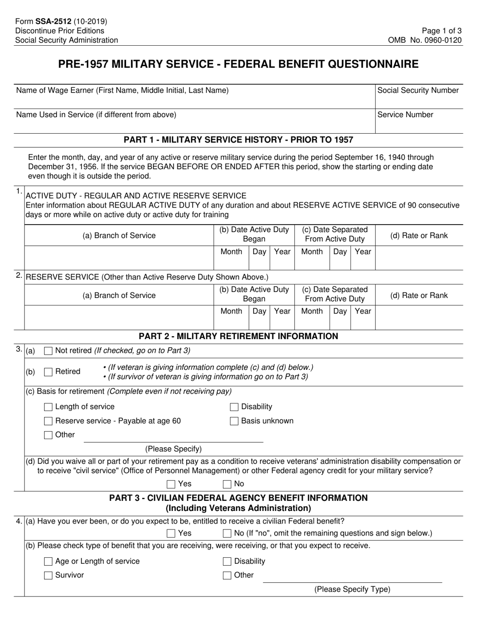 Form SSA-2512 Pre-1957 Military Service - Federal Benefit Questionnaire, Page 1