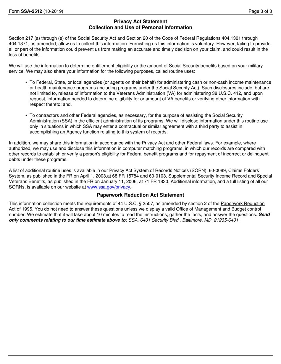 Form SSA-2512 Pre-1957 Military Service - Federal Benefit Questionnaire, Page 3
