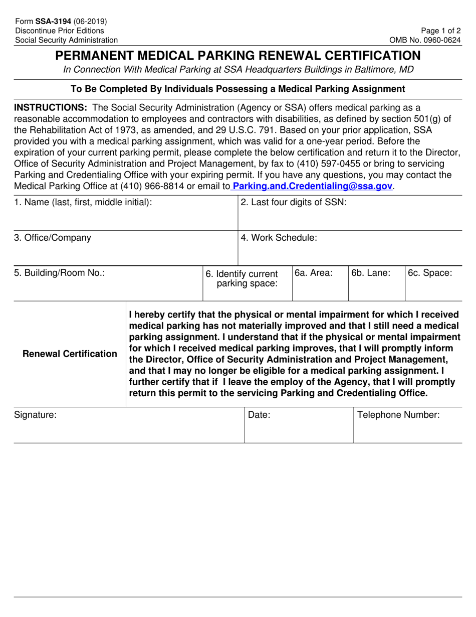 Form SSA-3194 Download Fillable PDF or Fill Online Permanent Medical  Parking Renewal Certification | Templateroller