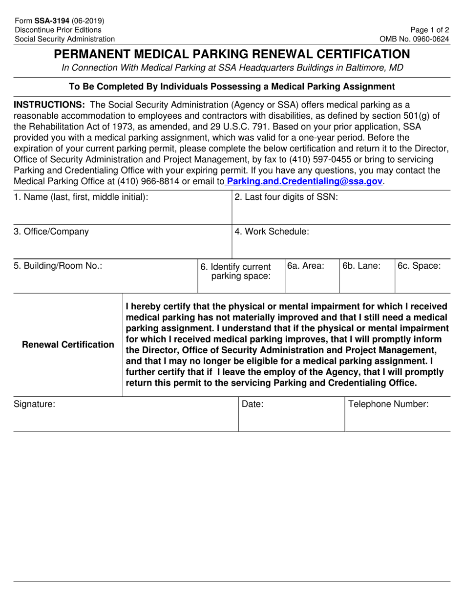 Form SSA-3194 Permanent Medical Parking Renewal Certification, Page 1