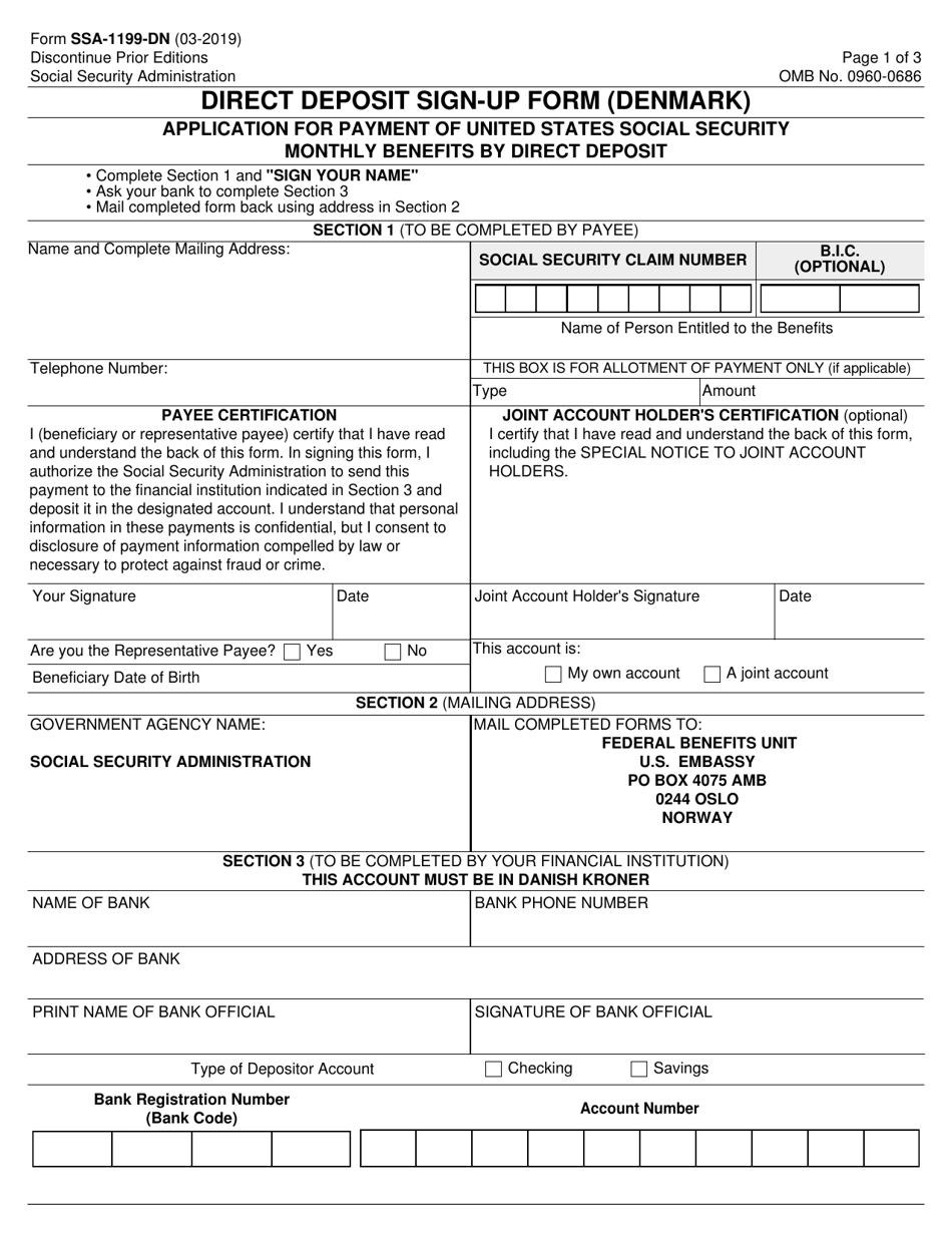 Form SSA-1199-DN Direct Deposit Sign-Up Form (Denmark), Page 1