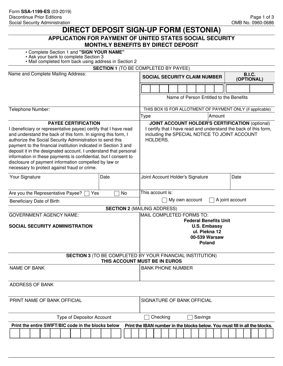Form SSA-1199-ES Direct Deposit Sign-Up Form (Estonia), Page 1
