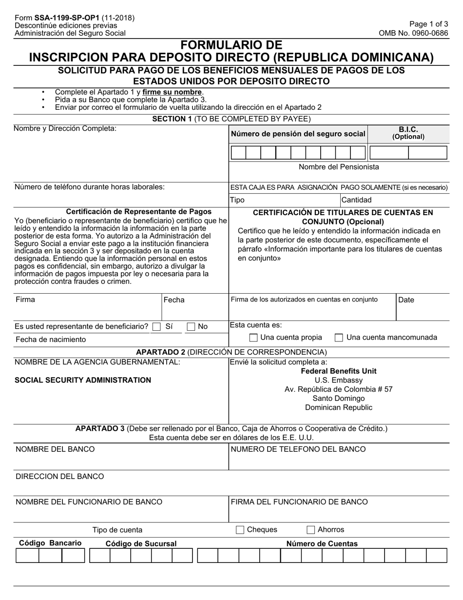 Formulario SSA-1199-SP-OP1 Formulario De Inscripcion Para Deposito Directo (Republica Dominicana) (Spanish), Page 1