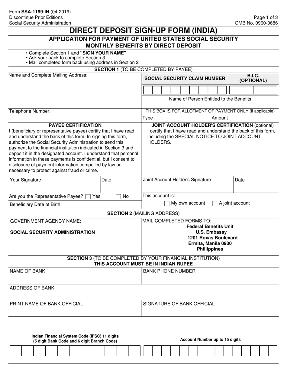 Form SSA-1199-IN Direct Deposit Sign-Up Form (India), Page 1