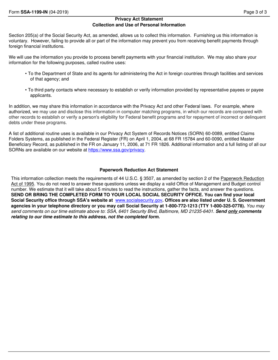 Form SSA-1199-IN Direct Deposit Sign-Up Form (India), Page 3