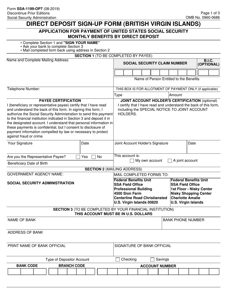 Form SSA-1199-OP7 Direct Deposit Sign-Up Form (British Virgin Islands), Page 1