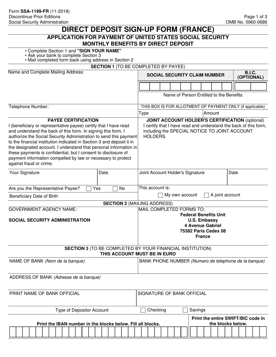Form SSA-1199-FR Direct Deposit Sign-Up Form (France), Page 1