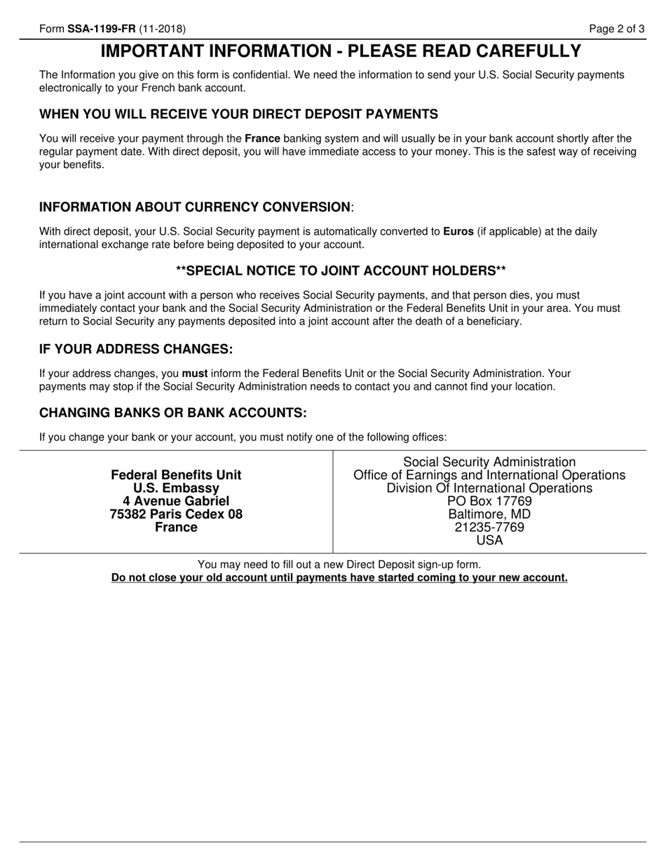Form SSA-1199-FR Direct Deposit Sign-Up Form (France), Page 2