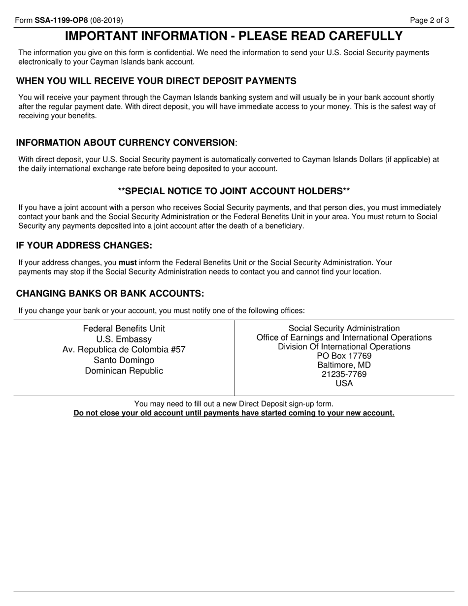 Form SSA-1199-OP8 Direct Deposit Sign-Up Form (Cayman Islands), Page 2