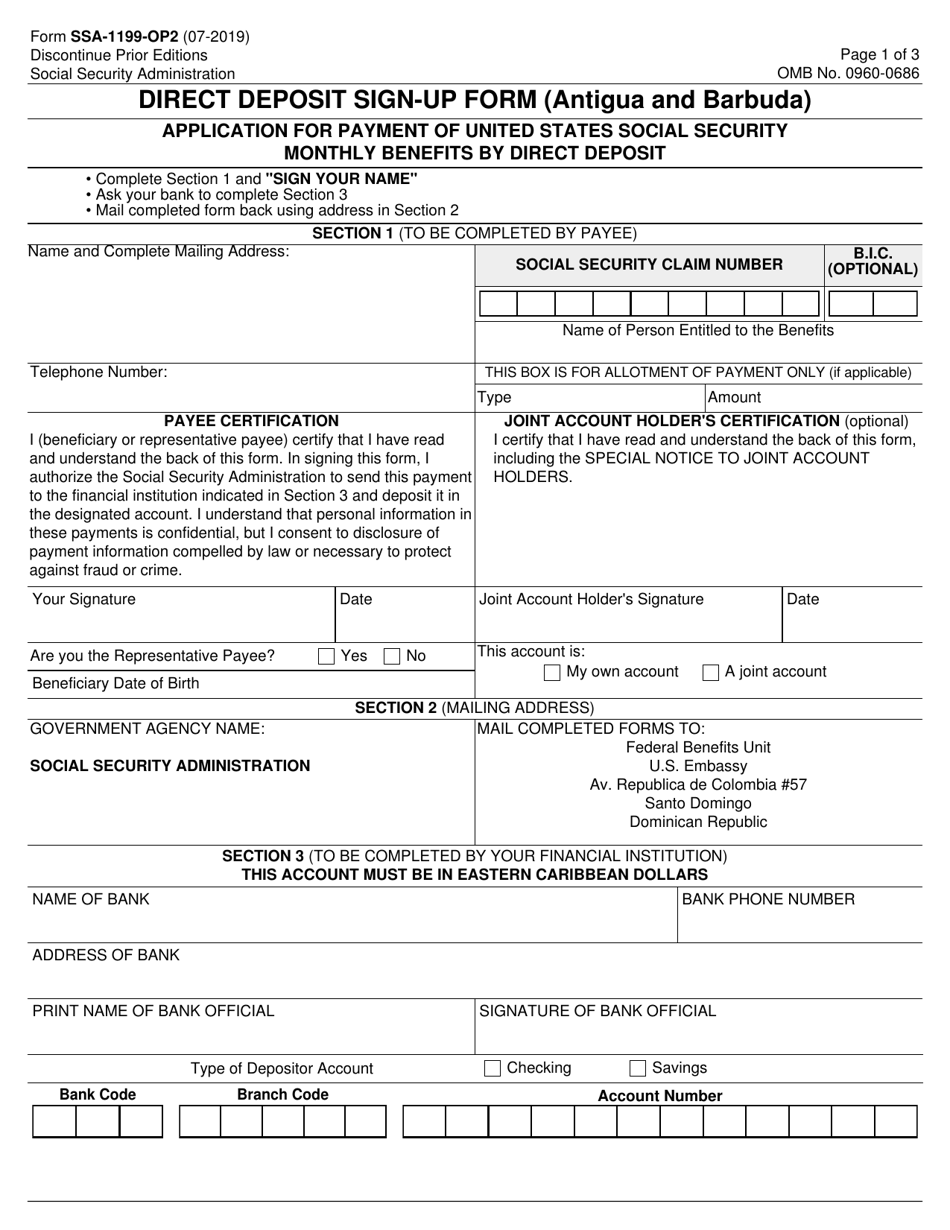 Form SSA-1199-OP2 Direct Deposit Sign-Up Form (Antigua and Barbuda), Page 1