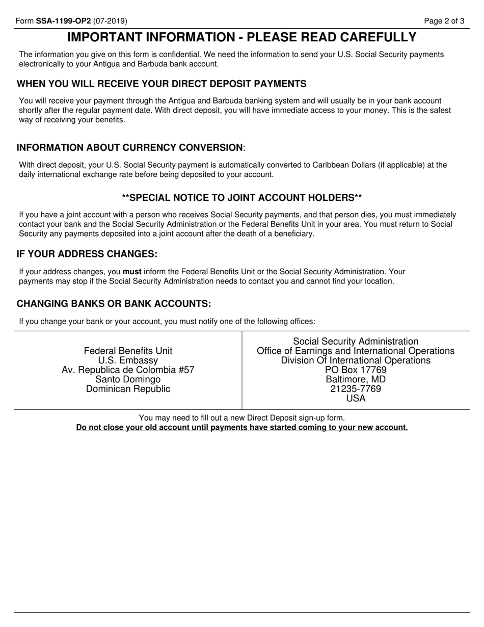 Form SSA-1199-OP2 Direct Deposit Sign-Up Form (Antigua and Barbuda), Page 2