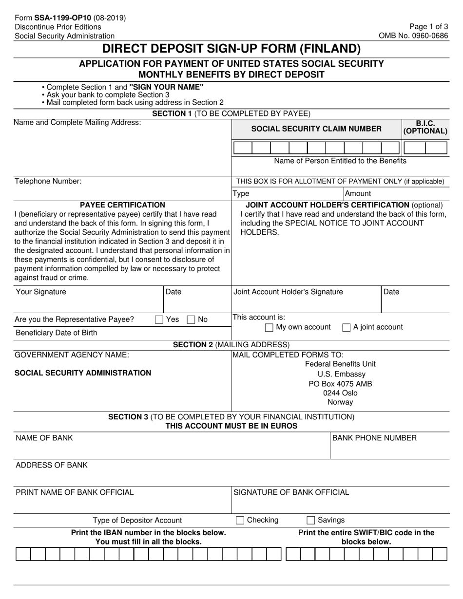 Form SSA-1199-OP10 Direct Deposit Sign-Up Form (Finland), Page 1