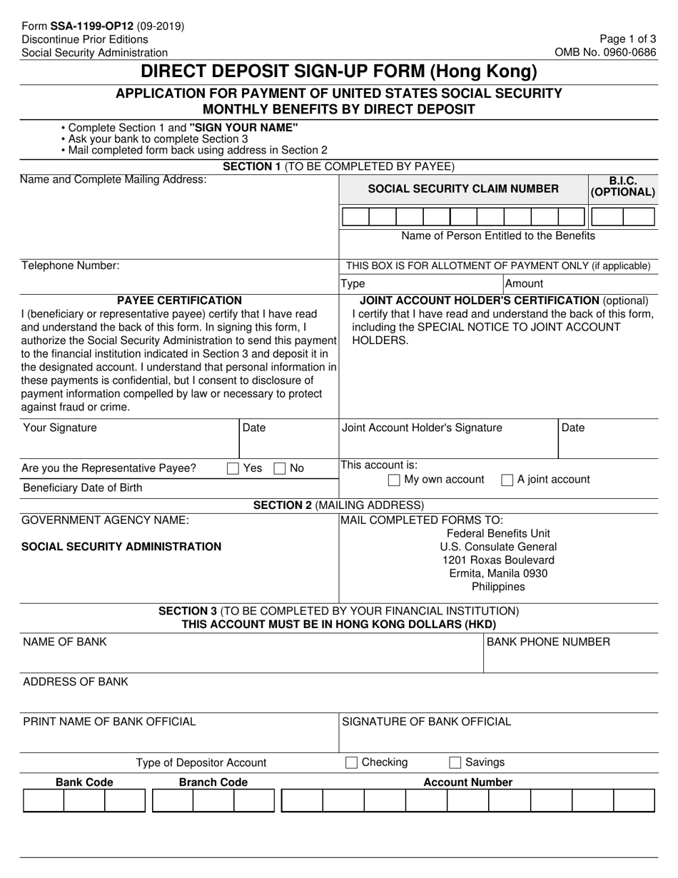 Form SSA-1199-OP12 Direct Deposit Sign-Up Form (Hong Kong), Page 1