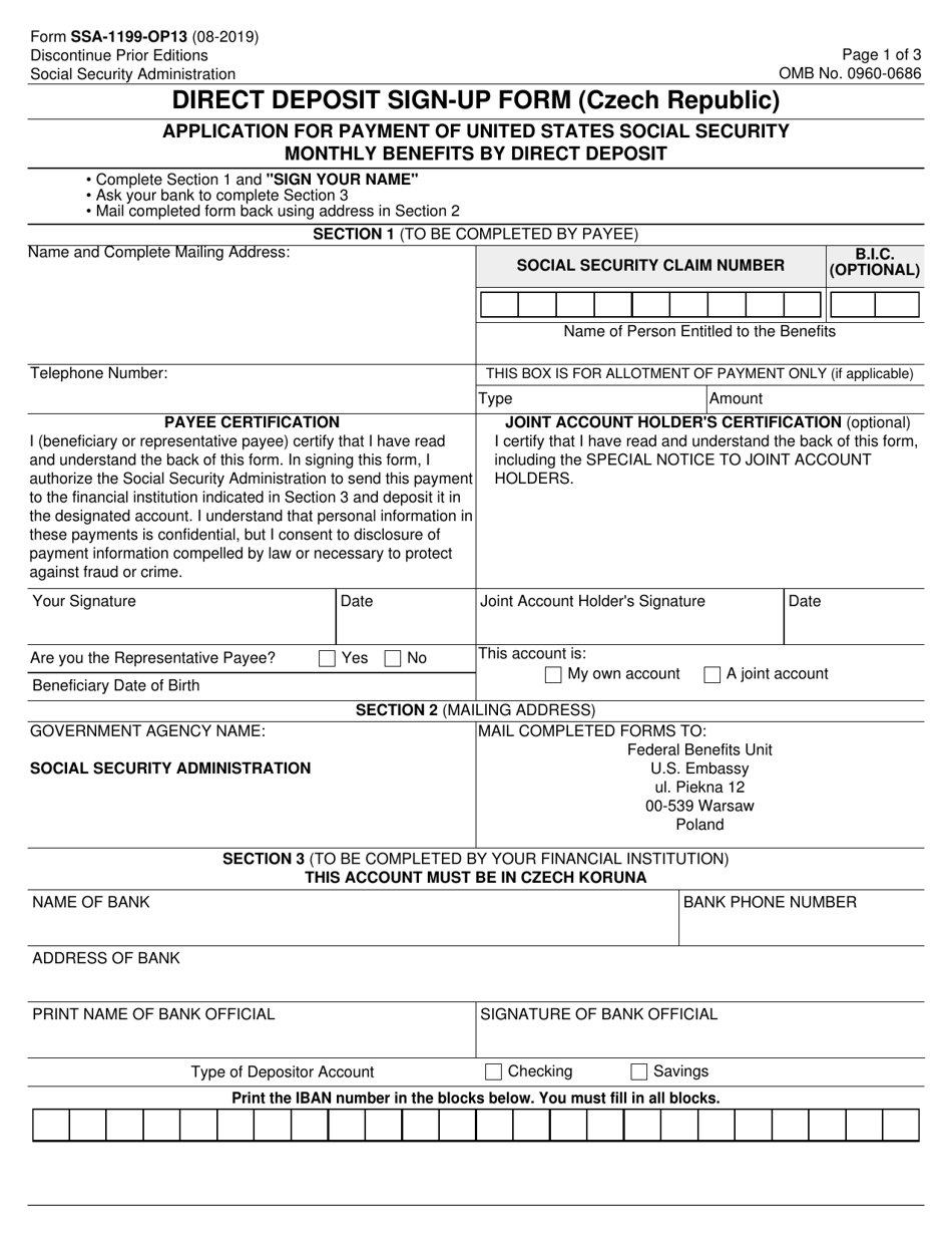 Form SSA-1199-OP13 Direct Deposit Sign-Up Form (Czech Republic), Page 1