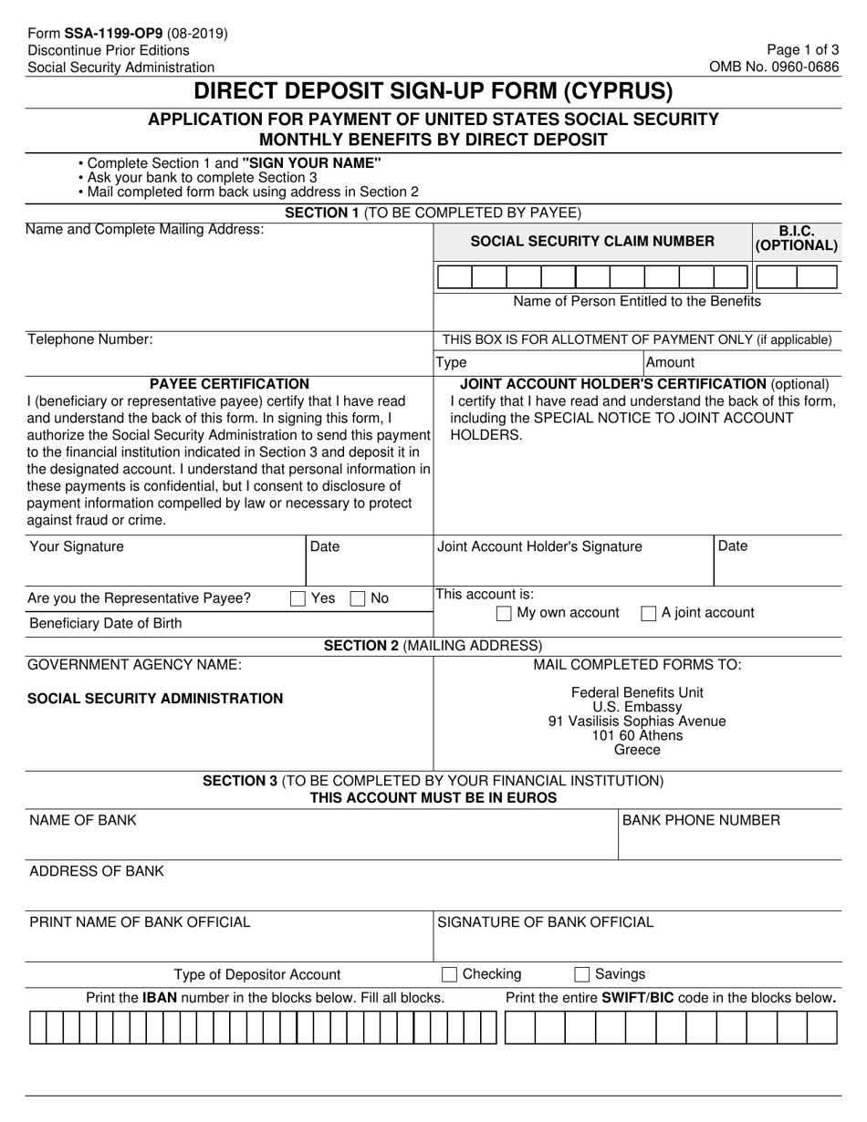 Form SSA-1199-OP9 Direct Deposit Sign-Up Form (Cyprus), Page 1
