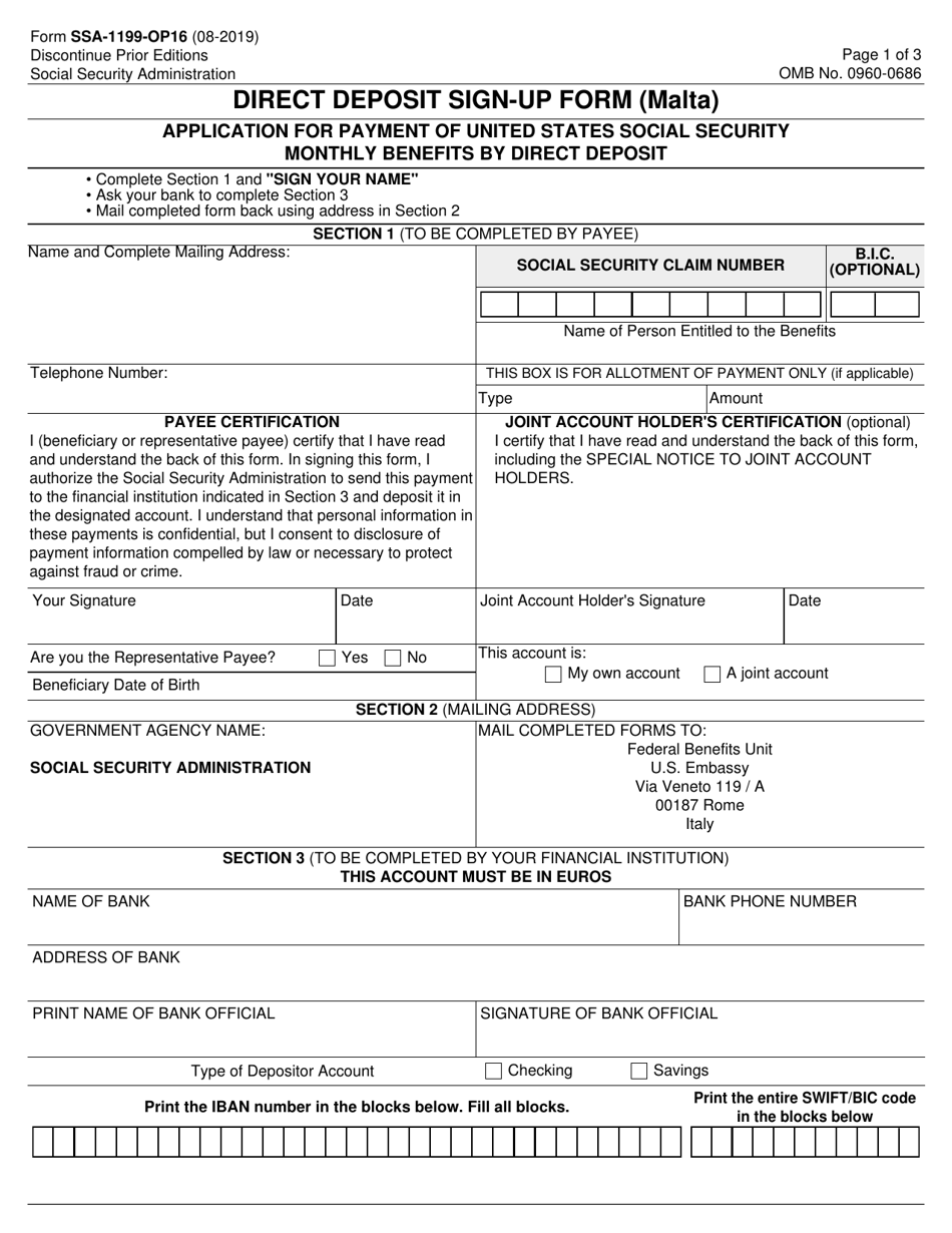 Form SSA-1199-OP16 Direct Deposit Sign-Up Form (Malta), Page 1