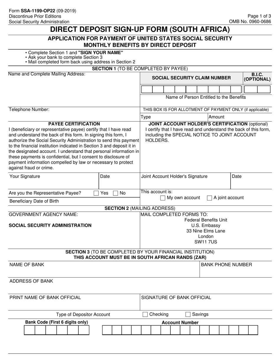 Form SSA-1199-OP22 Direct Deposit Sign-Up Form (South Africa), Page 1