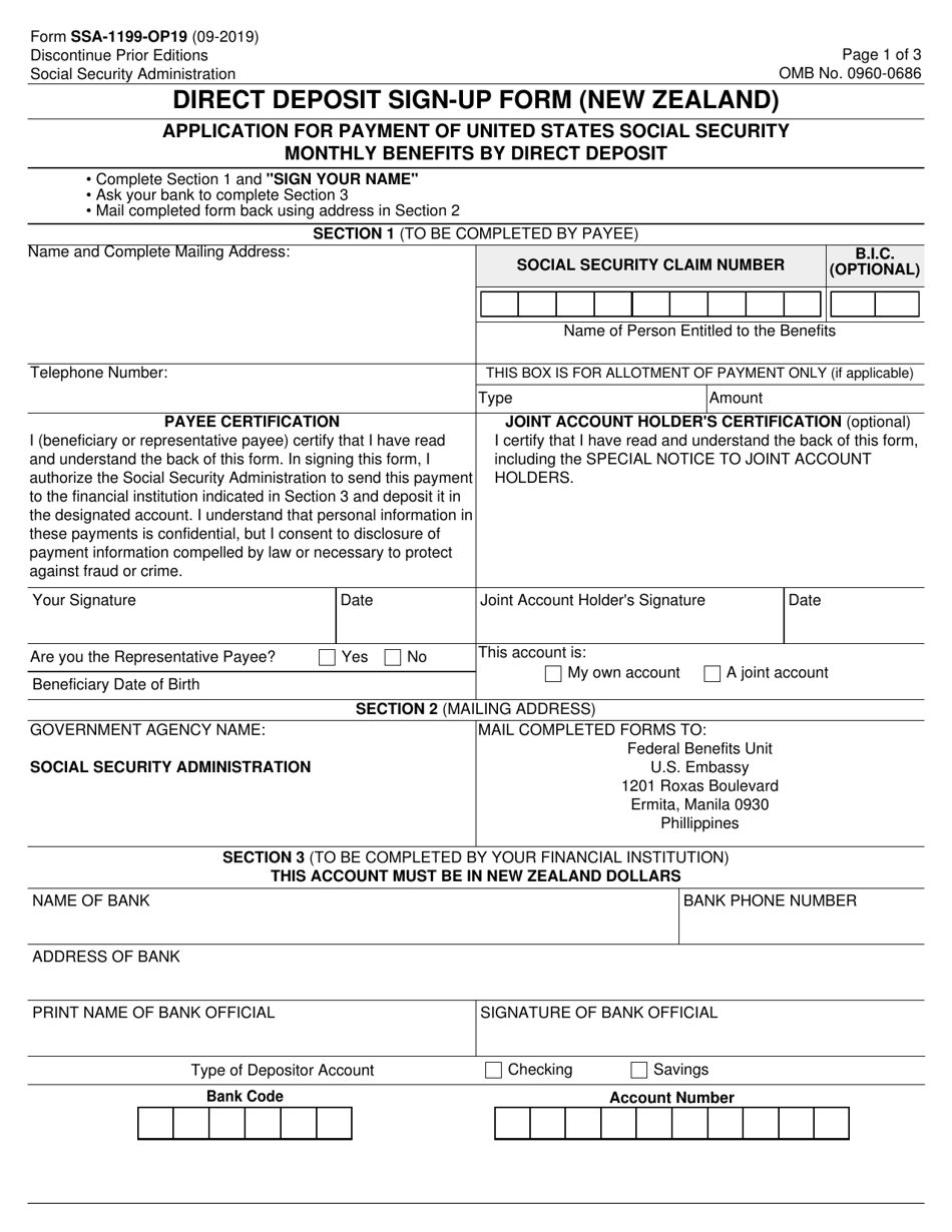 Form SSA-1199-OP19 Direct Deposit Sign-Up Form (New Zealand), Page 1