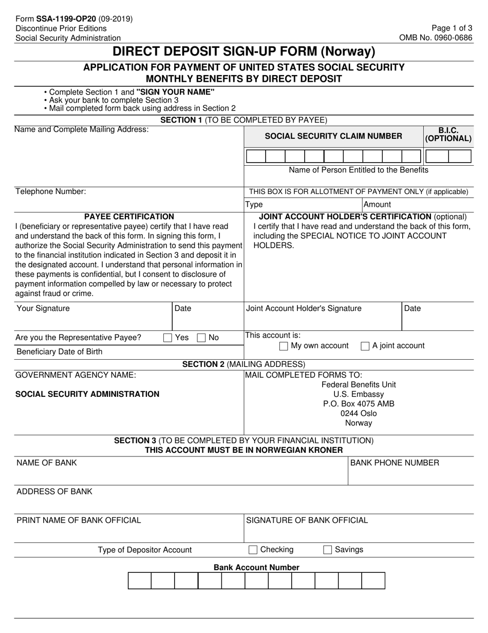 Form SSA-1199-OP20 Direct Deposit Sign-Up Form (Norway), Page 1