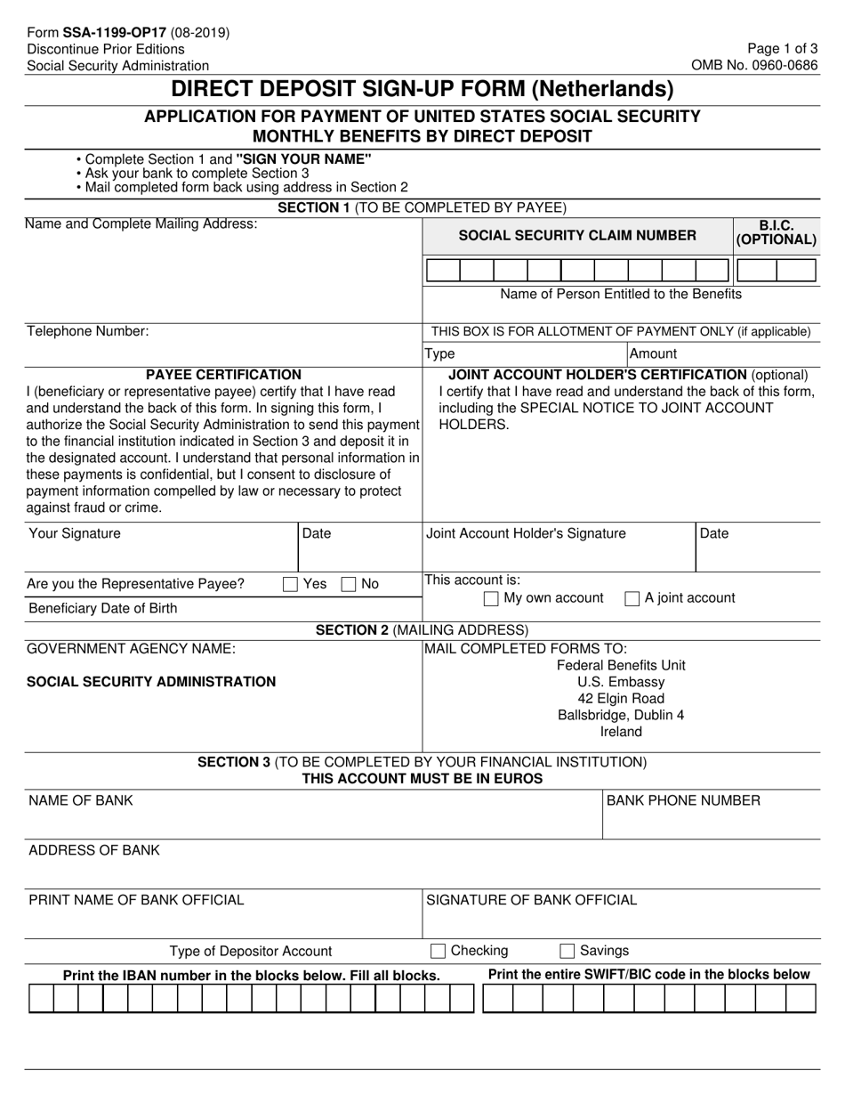 Form SSA-1199-OP17 Direct Deposit Sign-Up Form (Netherlands), Page 1