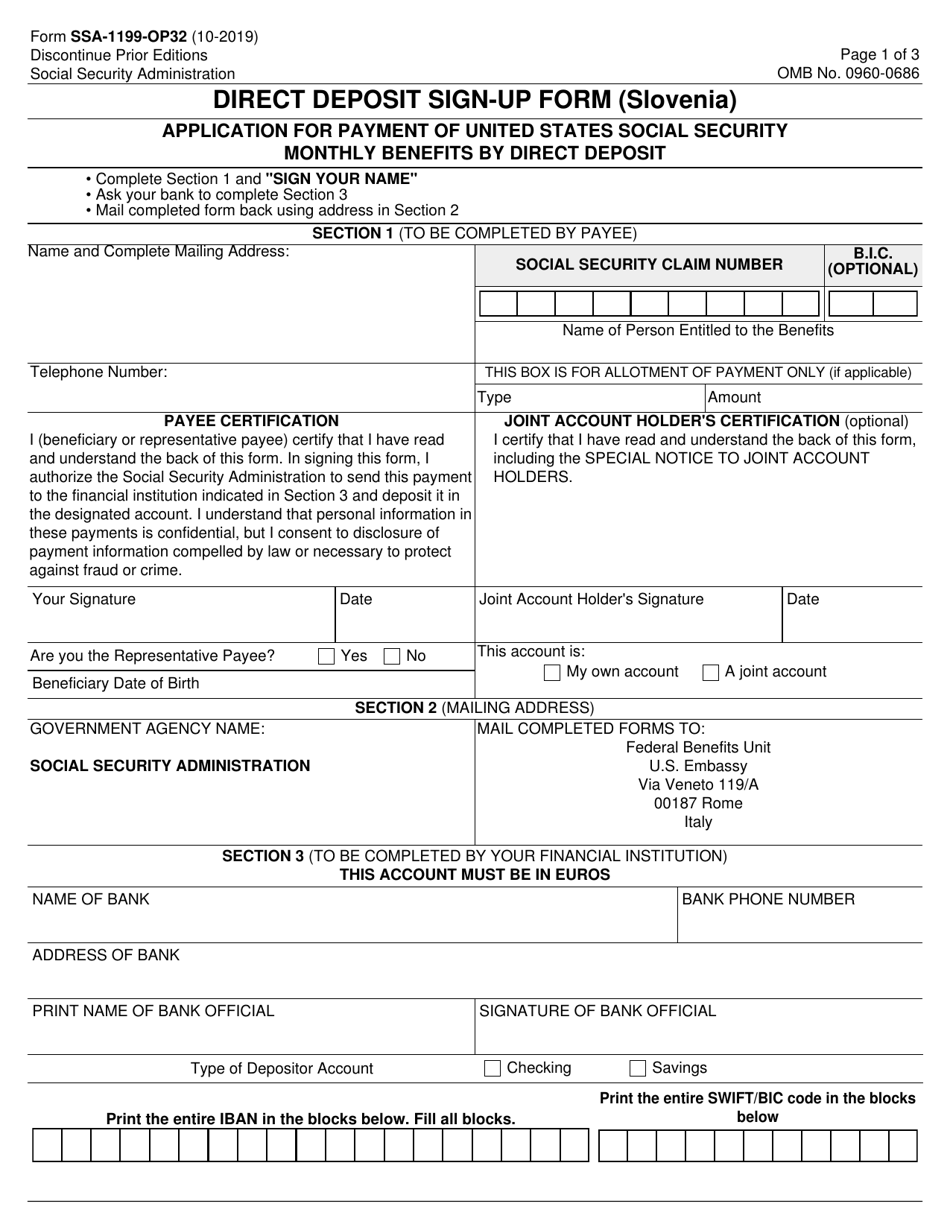 Form SSA-1199-OP32 Direct Deposit Sign-Up Form (Slovenia), Page 1