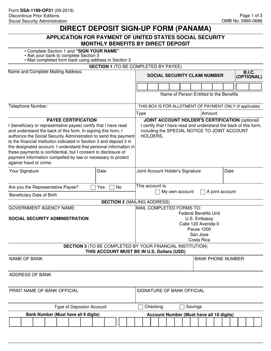 Form SSA-1199-OP21 Direct Deposit Sign-Up Form (Panama), Page 1