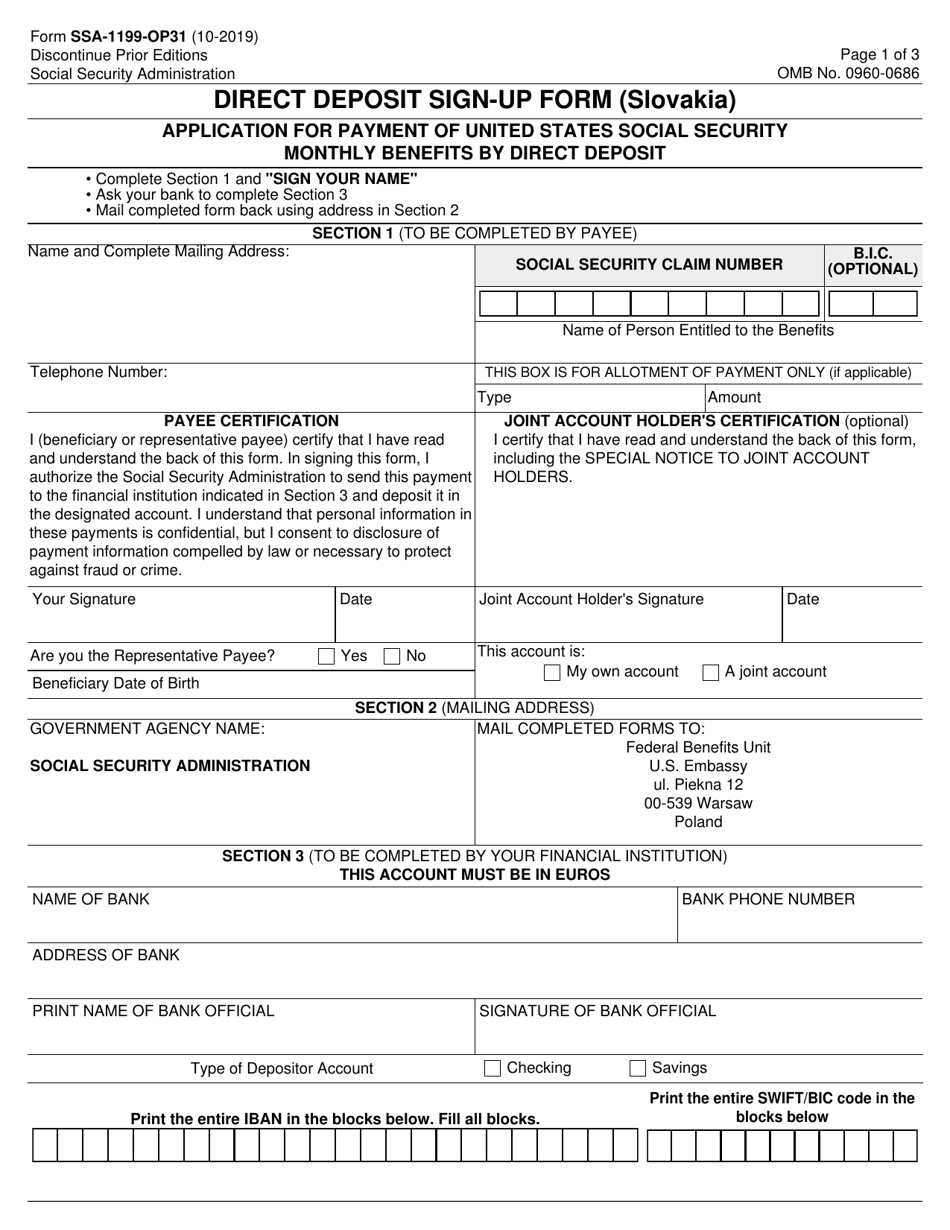 Form SSA-1199-OP31 Direct Deposit Sign-Up Form (Slovakia), Page 1
