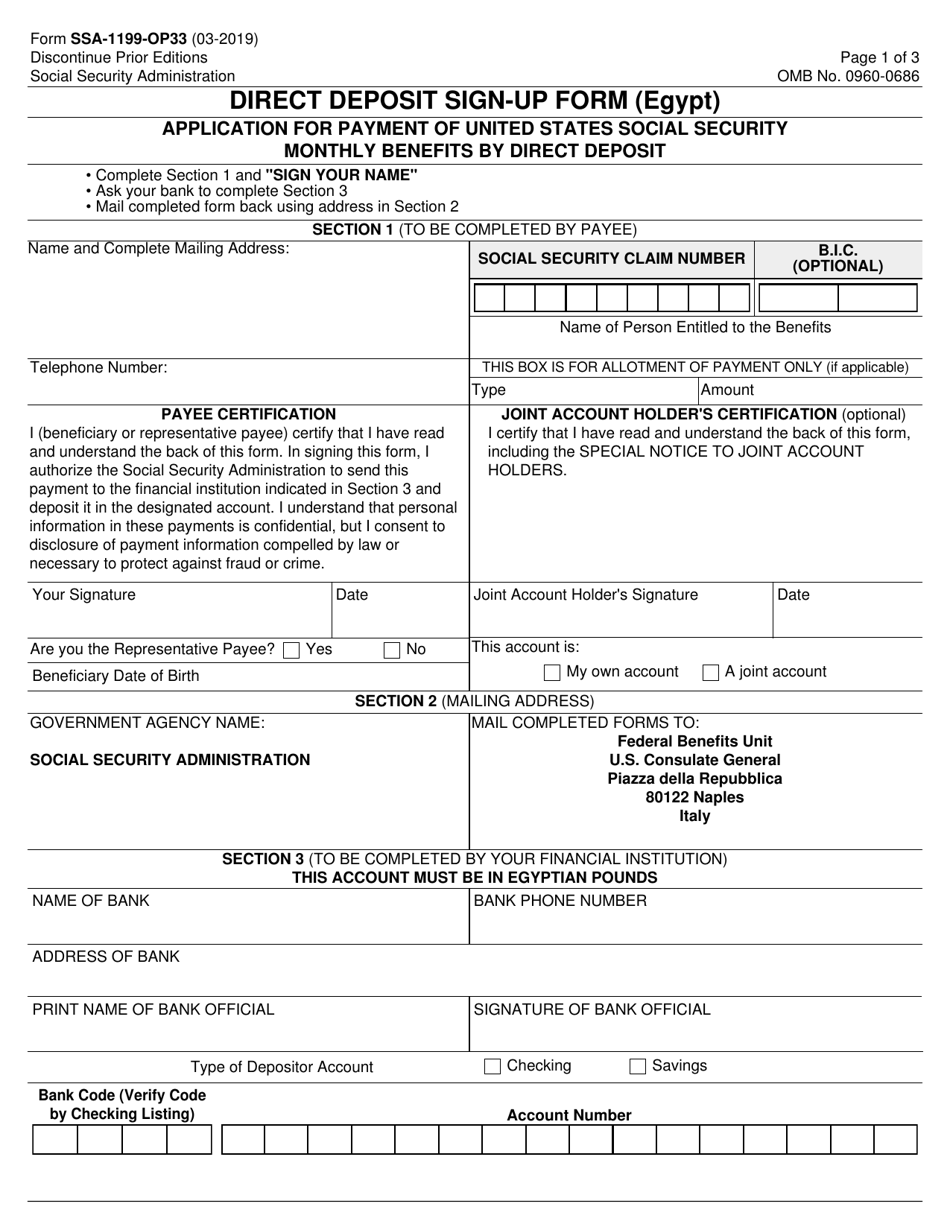 Form SSA-1199-OP33 Direct Deposit Sign-Up Form (Egypt), Page 1