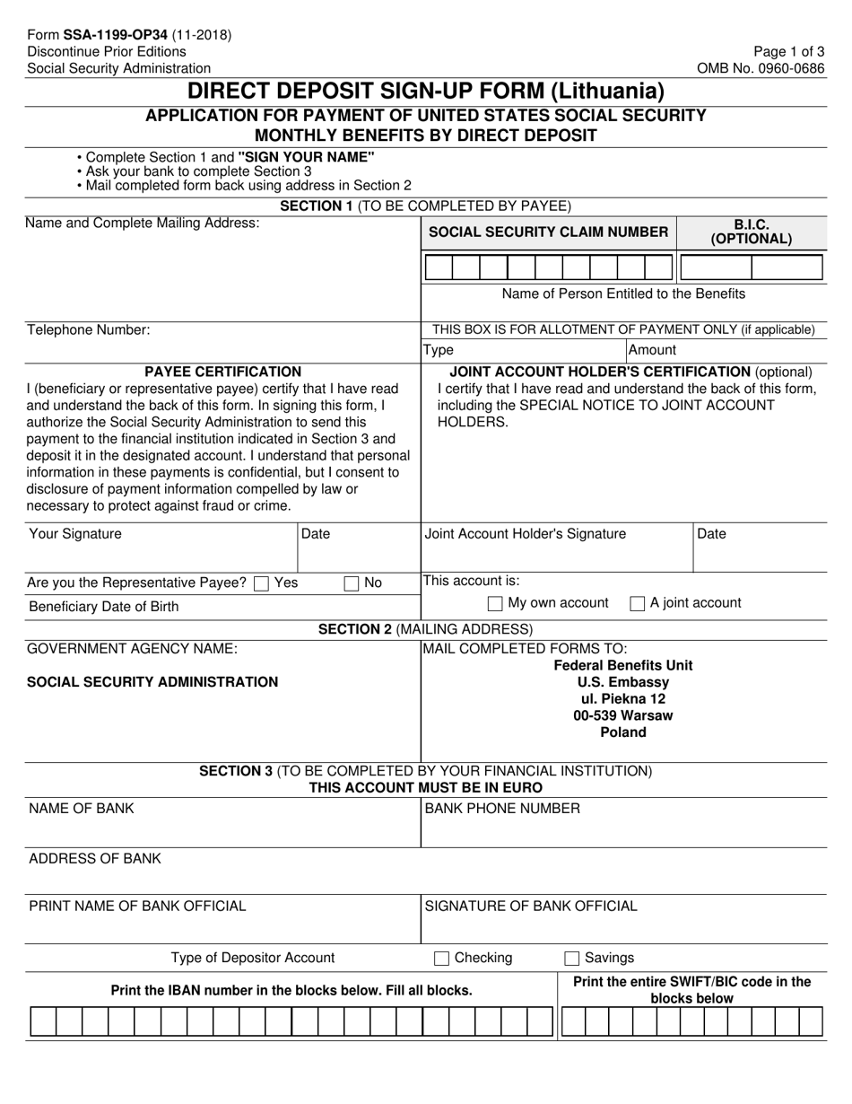 Form SSA-1199-OP34 Direct Deposit Sign-Up Form (Lithuania), Page 1