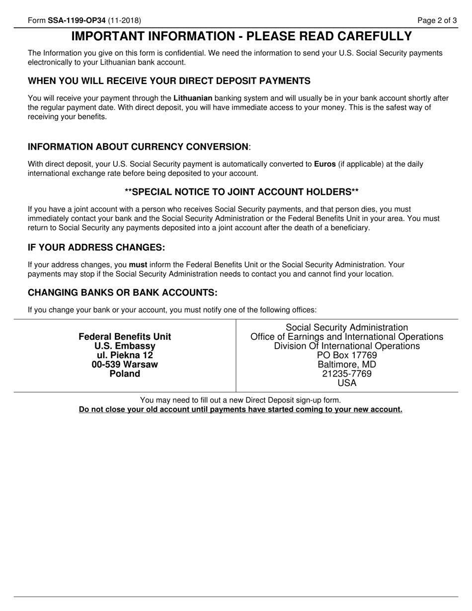 Form SSA-1199-OP34 Direct Deposit Sign-Up Form (Lithuania), Page 2
