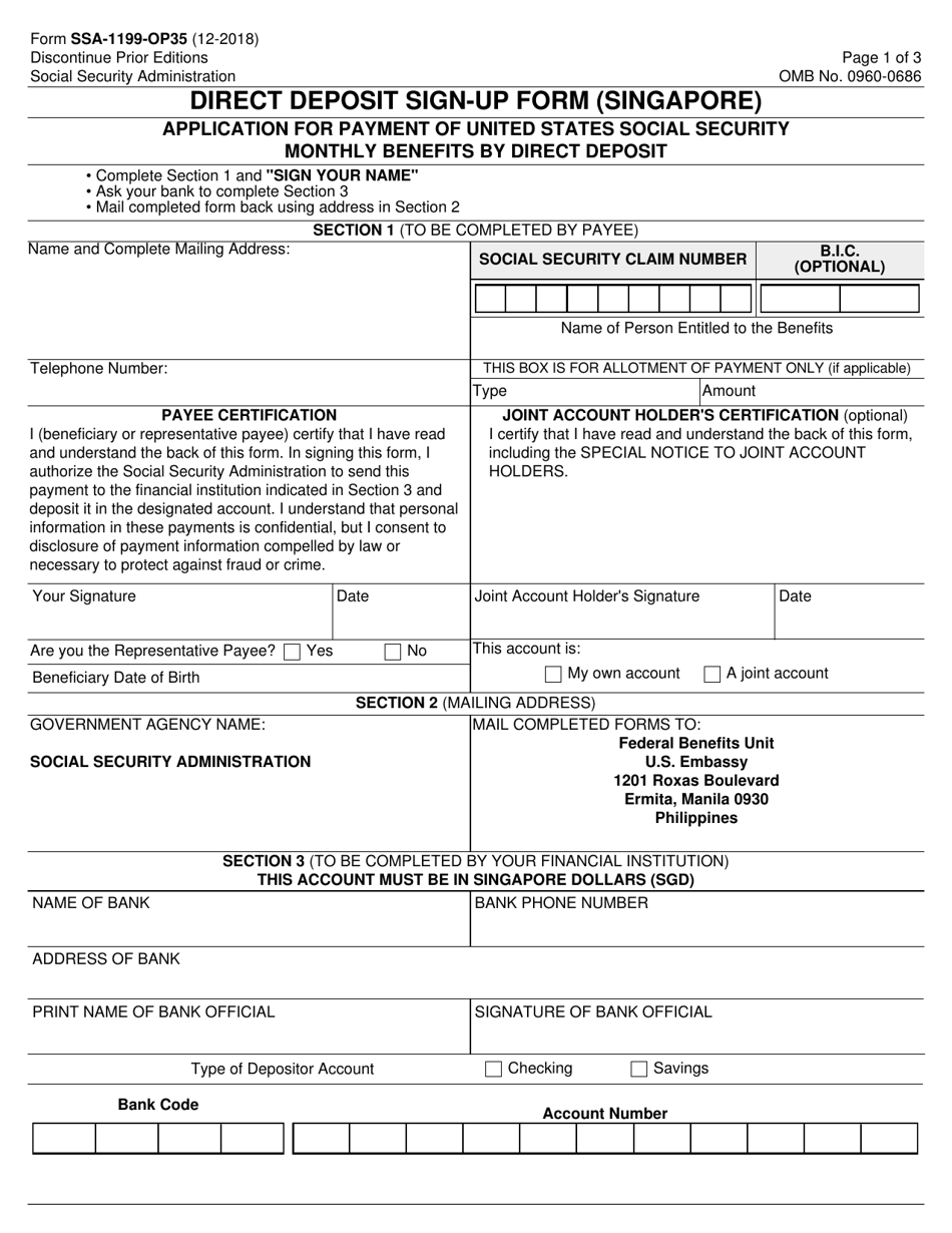 Form SSA-119-OP35 Direct Deposit Sign-Up Form (Singapore), Page 1