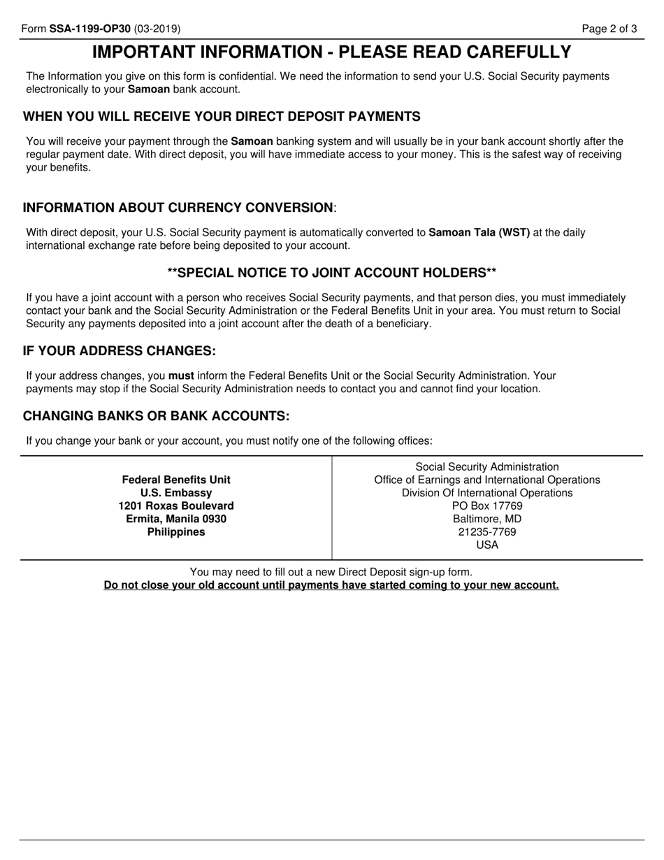 Form SSA-1199-OP30 Direct Deposit Sign-Up Form (Samoa), Page 2
