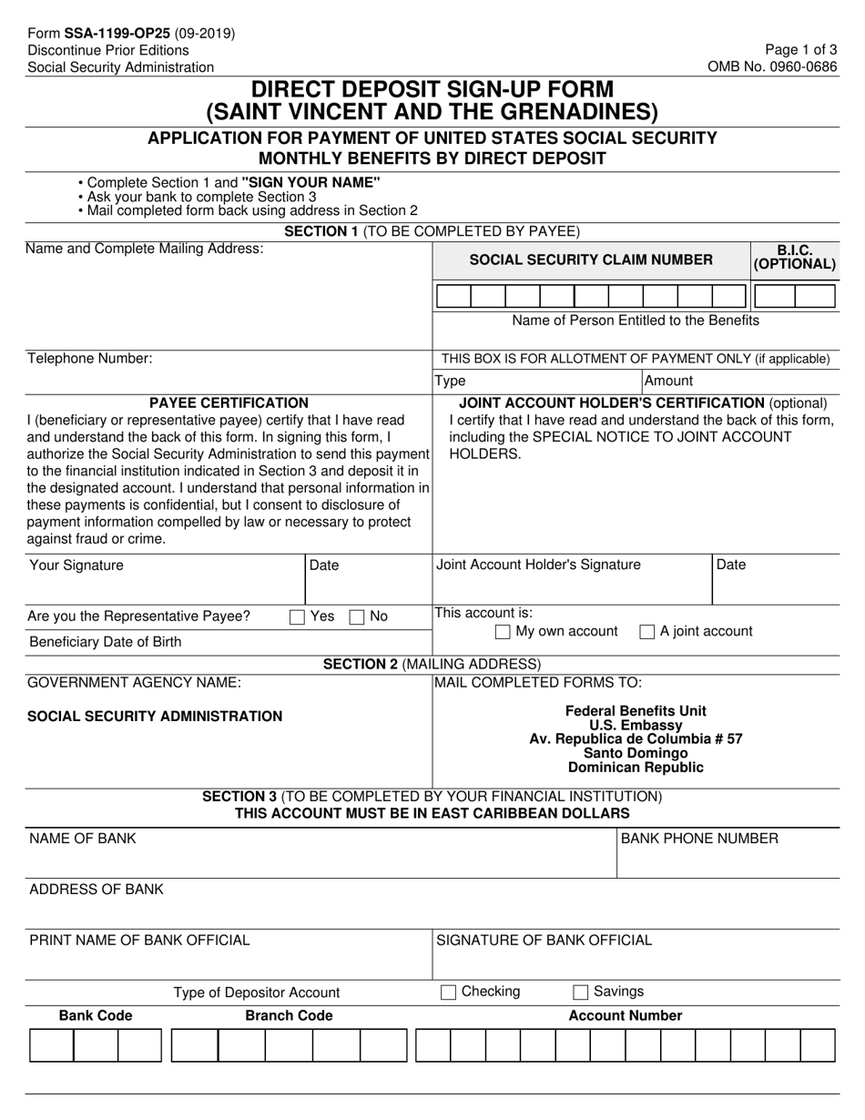 Form SSA-1199-OP25 Direct Deposit Sign-Up Form (Saint Vincent and the Grenadines), Page 1