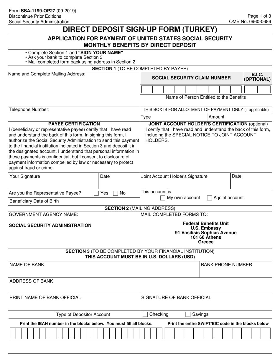 Form SSA-1199-OP27 Direct Deposit Sign-Up Form (Turkey), Page 1