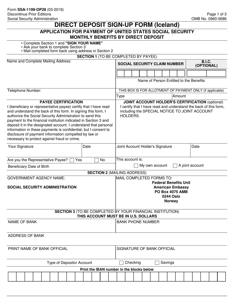 Form SSA-1199-OP28 Direct Deposit Sign-Up Form (Iceland), Page 1