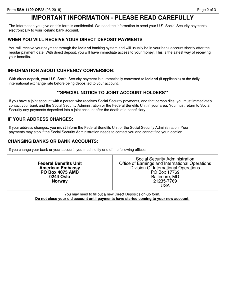 Form SSA-1199-OP28 Direct Deposit Sign-Up Form (Iceland), Page 2