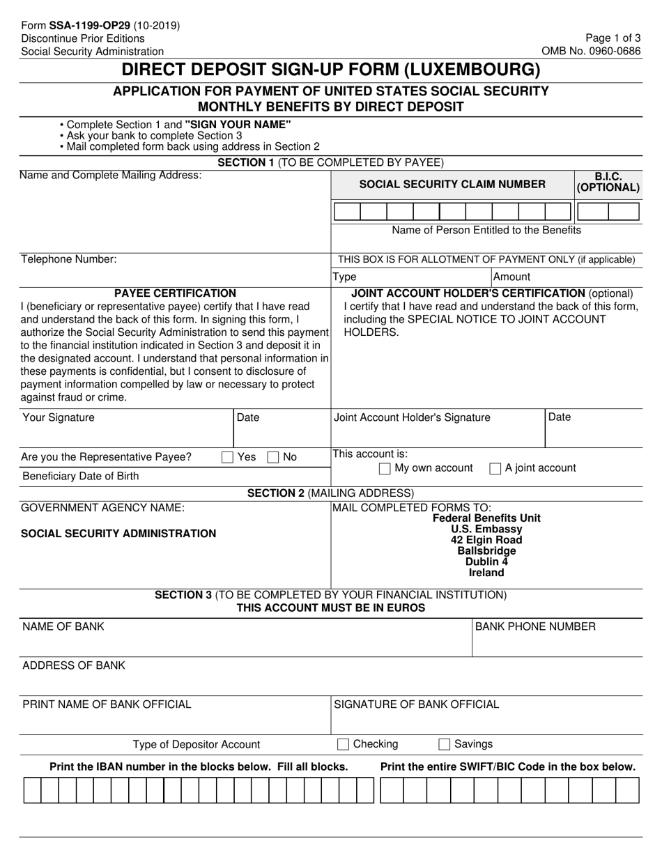 Form SSA-1199-OP29 Direct Deposit Sign-Up Form (Luxembourg), Page 1