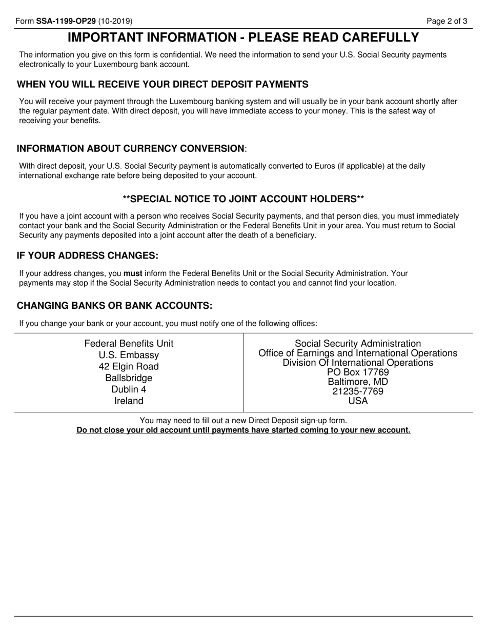 Form SSA-1199-OP29 Direct Deposit Sign-Up Form (Luxembourg), Page 2