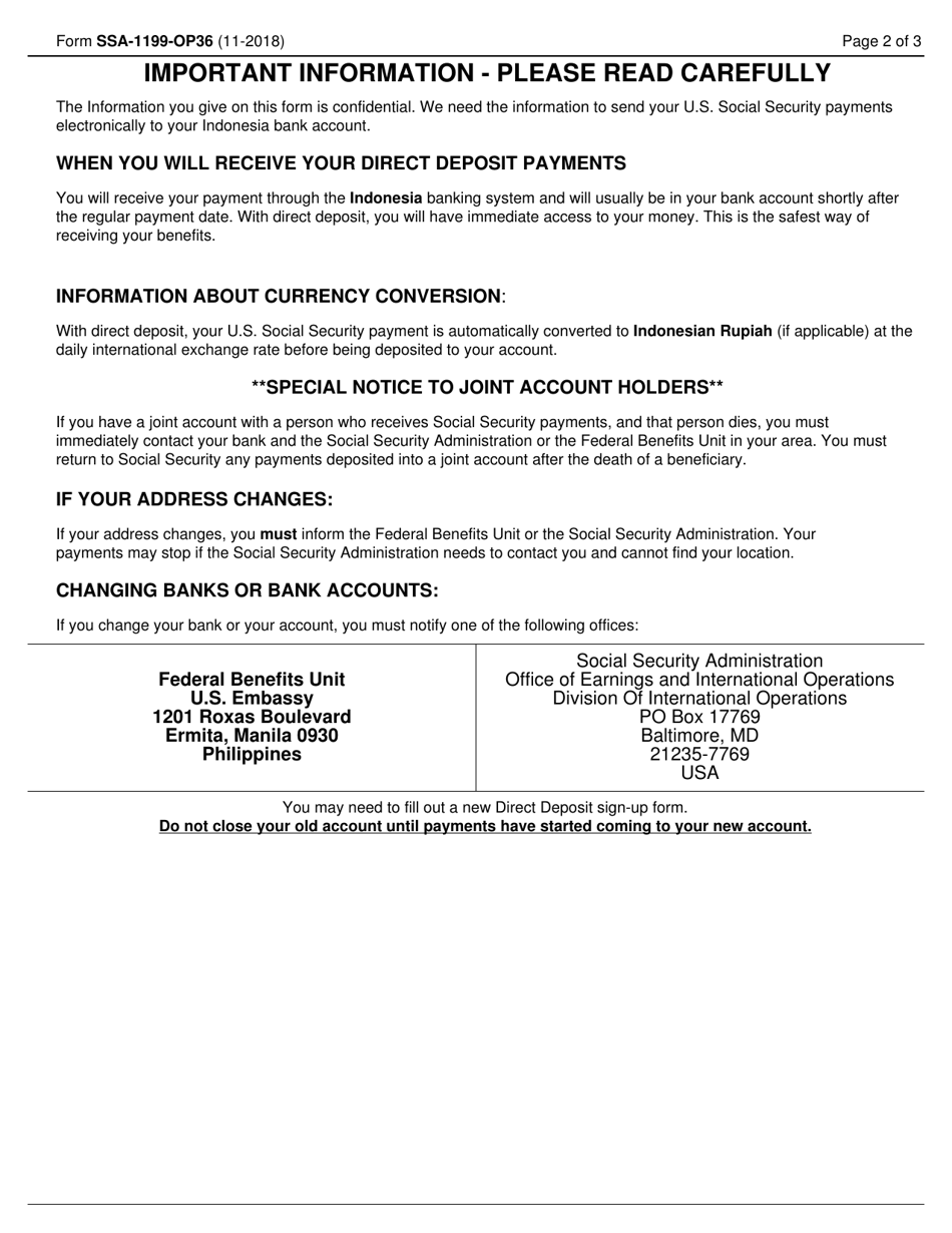 Form SSA-1199-OP36 Direct Deposit Sign-Up Form (Indonesia), Page 2