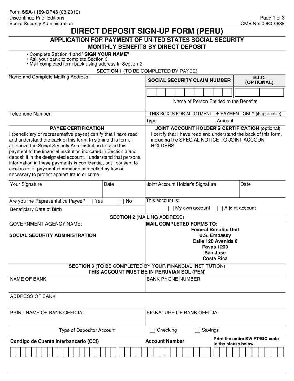 Form SSA-1199-OP43 Direct Deposit Sign-Up Form (Peru), Page 1