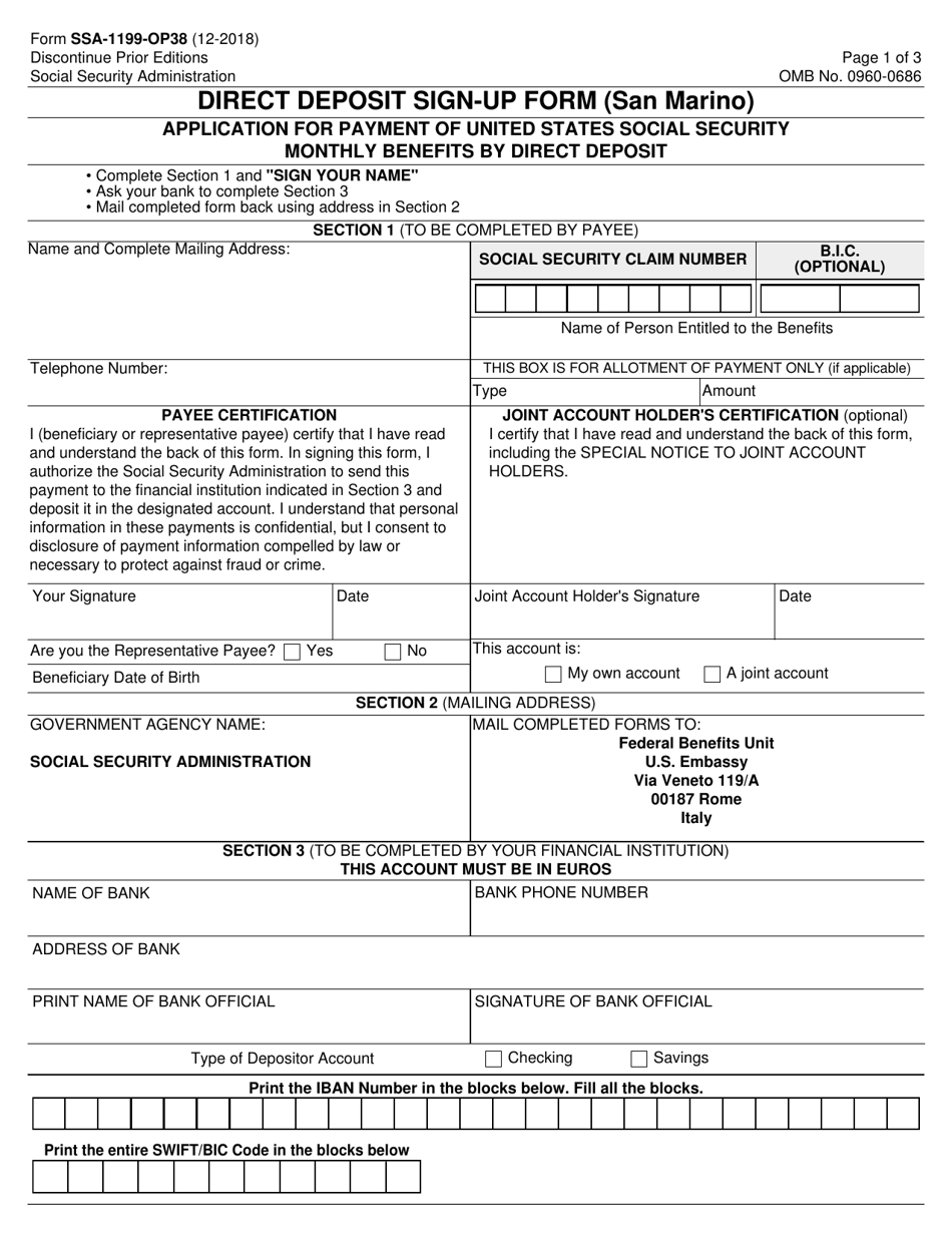 Form SSA-1199-OP38 Direct Deposit Sign-Up Form (San Marino), Page 1