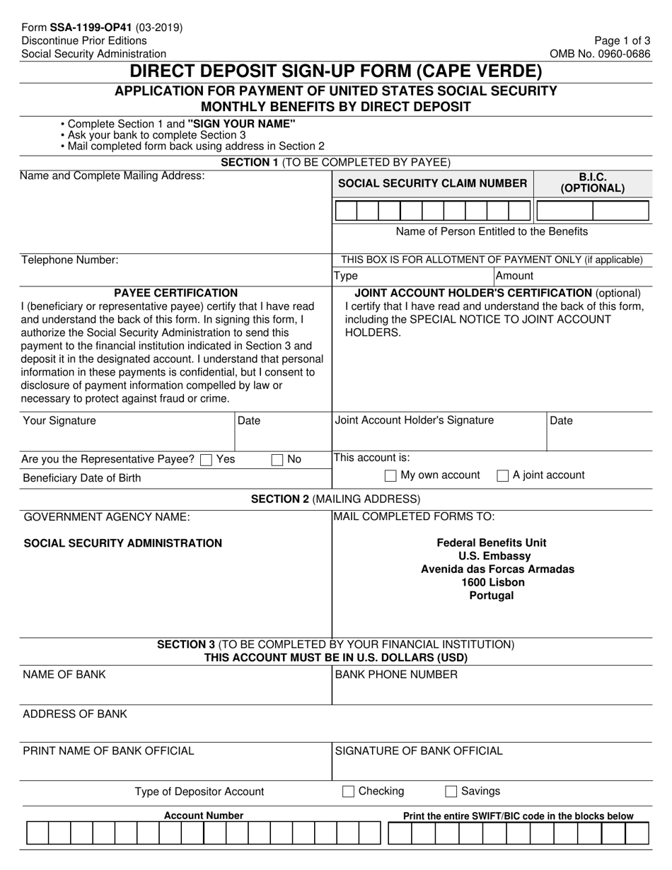 Form SSA-1199-OP41 Direct Deposit Sign-Up Form (Cape Verde), Page 1