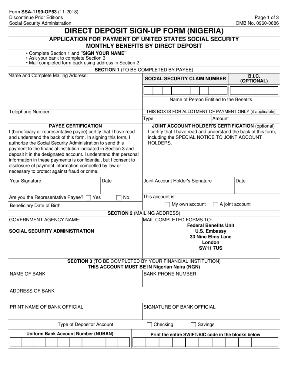 Form SSA-1199-OP53 Direct Deposit Sign-Up Form (Nigeria), Page 1