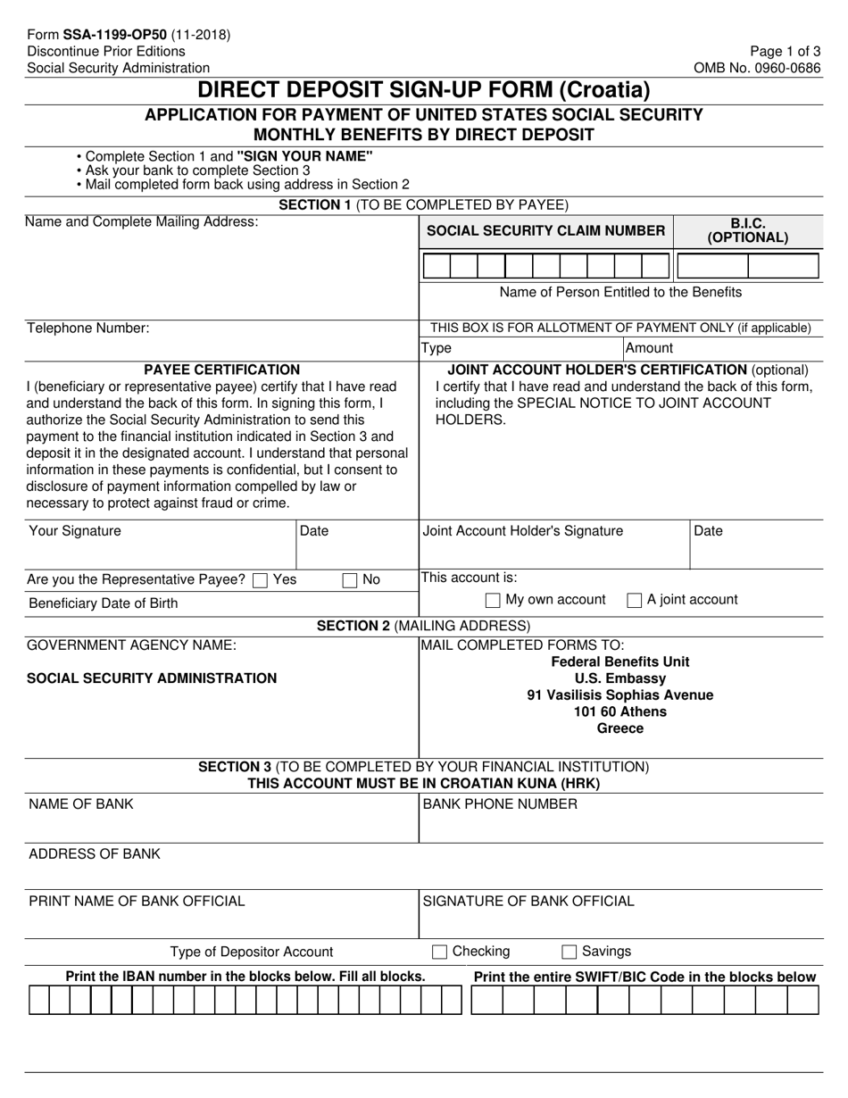 Form SSA-1199-OP50 Direct Deposit Sign-Up Form (Croatia), Page 1