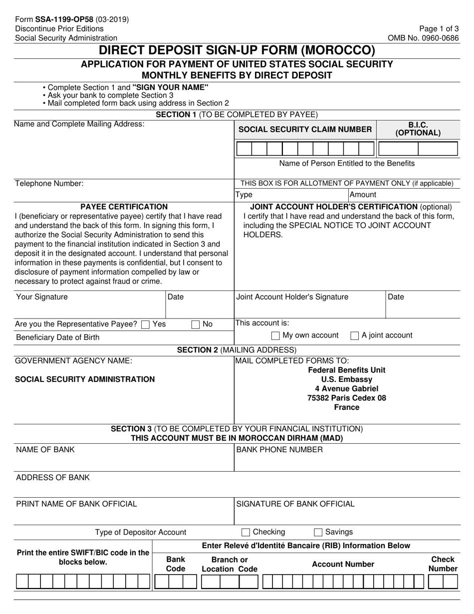 Form SSA-1199-OP58 Direct Deposit Sign-Up Form (Morocco), Page 1