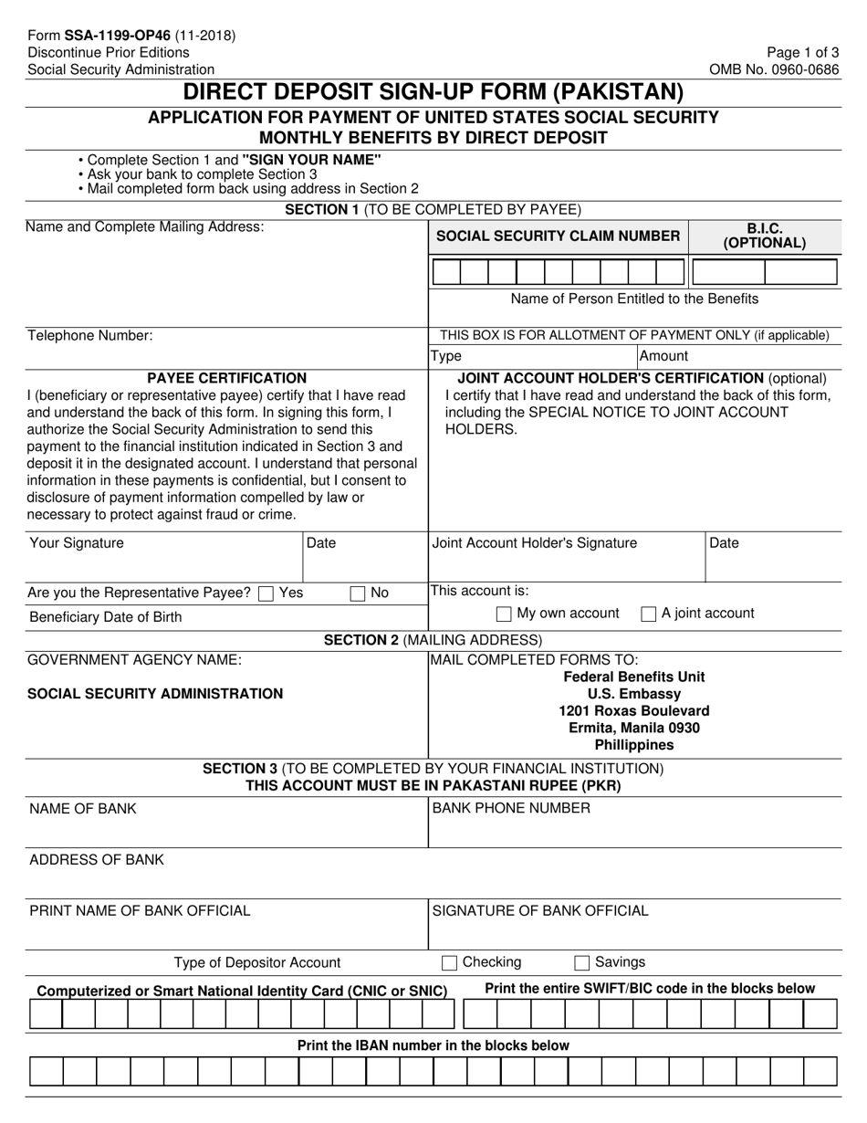 Form SSA-1199-OP46 Direct Deposit Sign-Up Form (Pakistan), Page 1