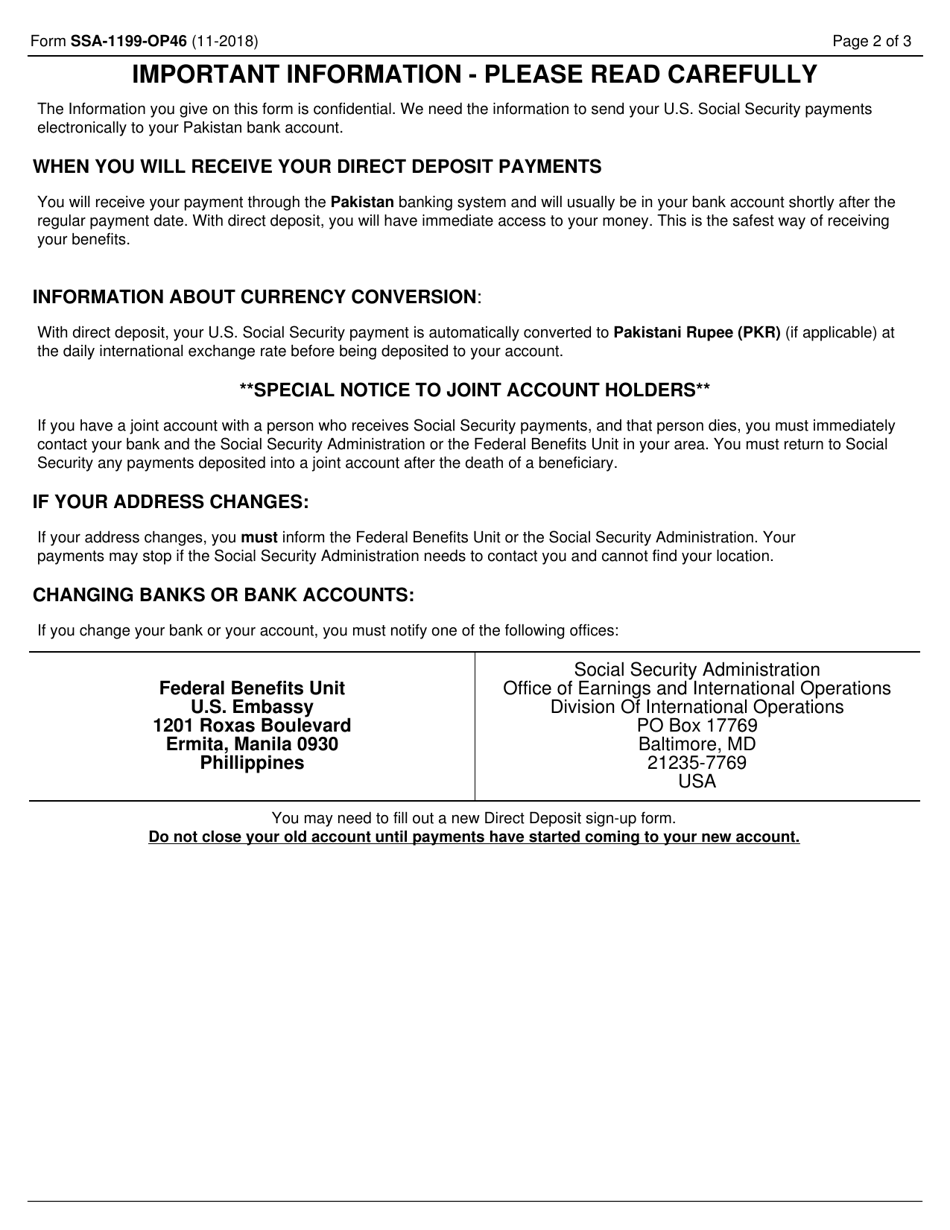Form SSA-1199-OP46 Direct Deposit Sign-Up Form (Pakistan), Page 2