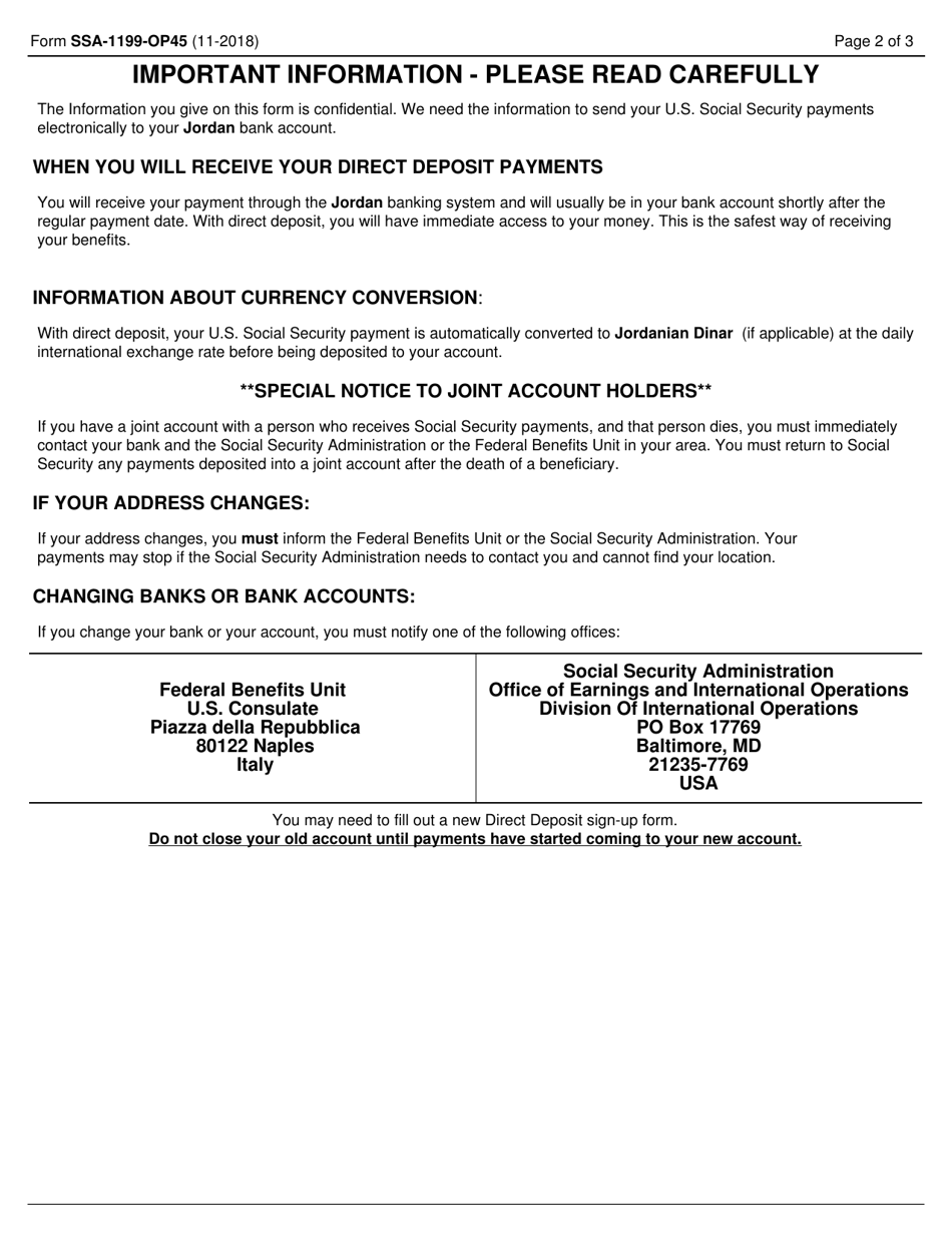 Form SSA-1199-OP45 Direct Deposit Sign-Up Form (Jordan), Page 2