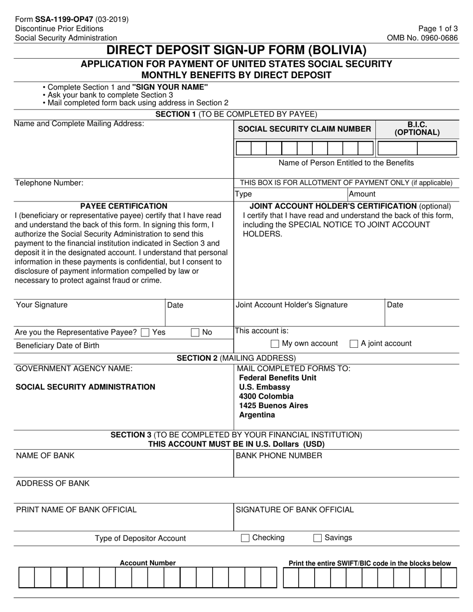 Form SSA-1199-OP47 Direct Deposit Sign-Up Form (Bolivia), Page 1